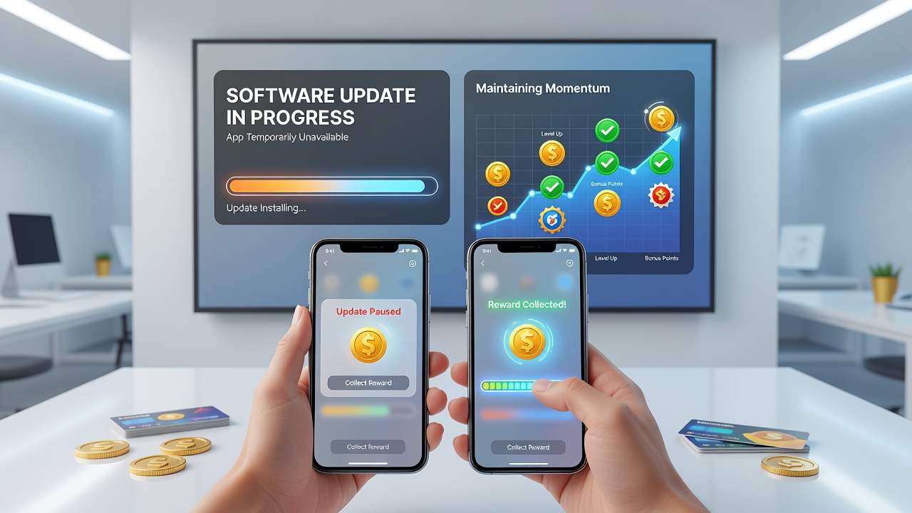User checking reward progress on a tablet after completing a mobile app software update