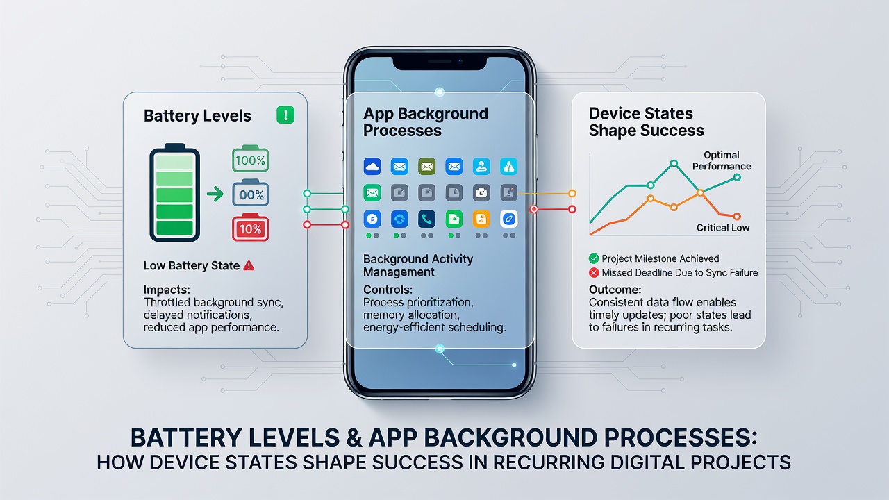 Illustration of app background processes interacting with device battery indicators during prize events
