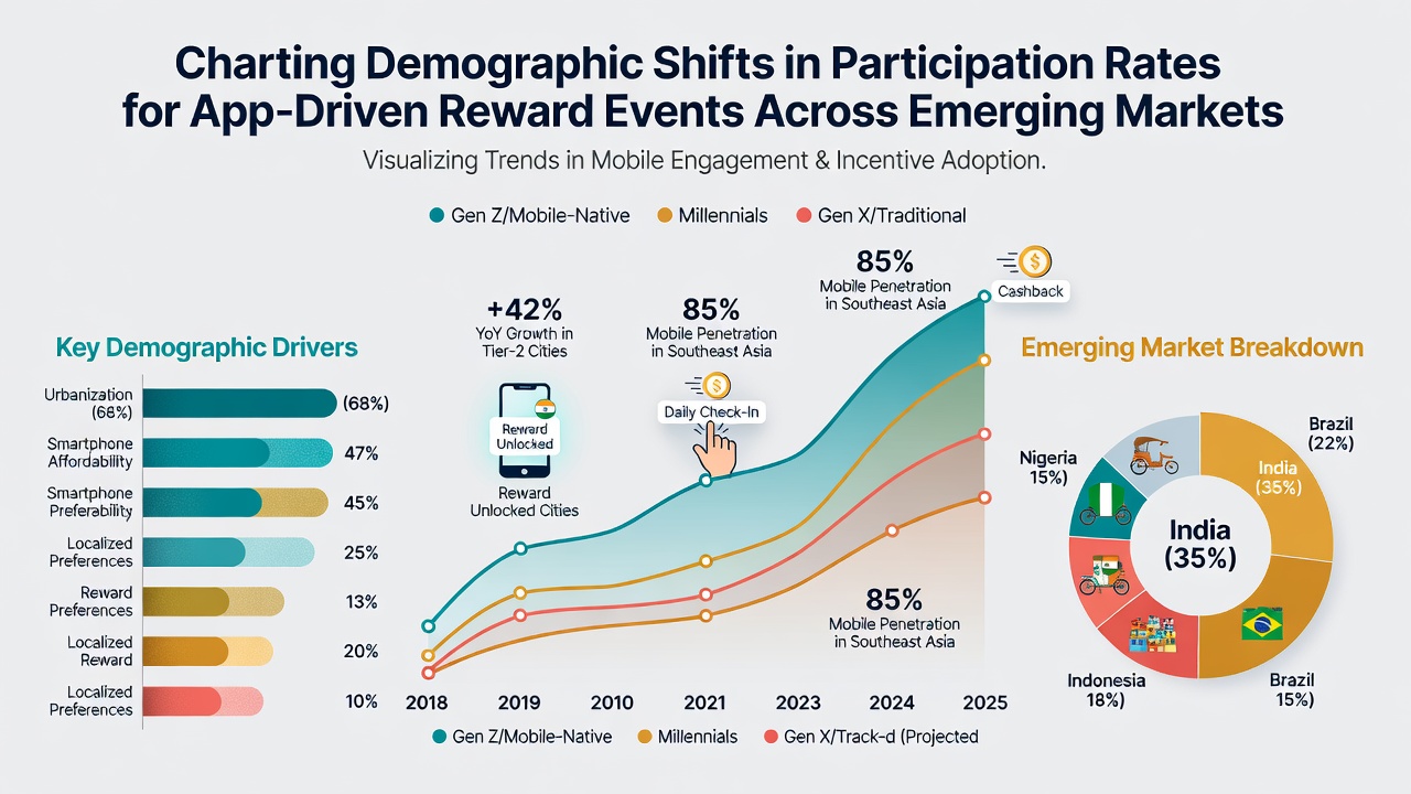 Infographic illustrating age and gender shifts in emerging market reward event participation