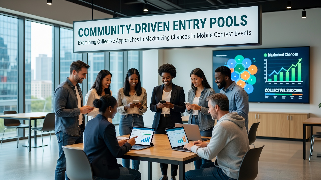 Group of mobile users discussing contest entry strategies on smartphones