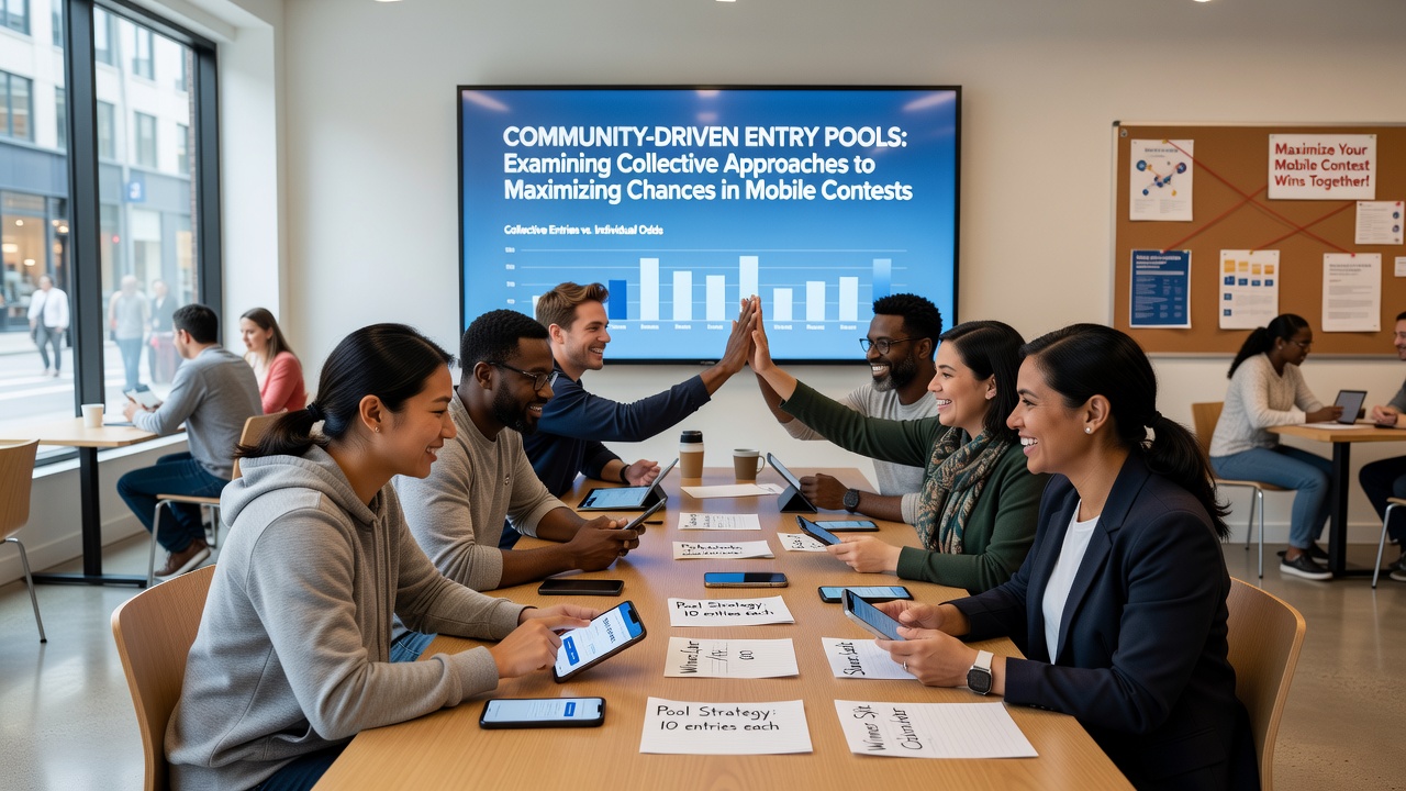 Mobile devices displaying contest entry confirmations and group chat coordination