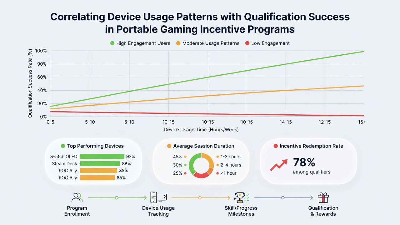 Analytics dashboard showing device usage correlations with qualification success rates across gaming sessions