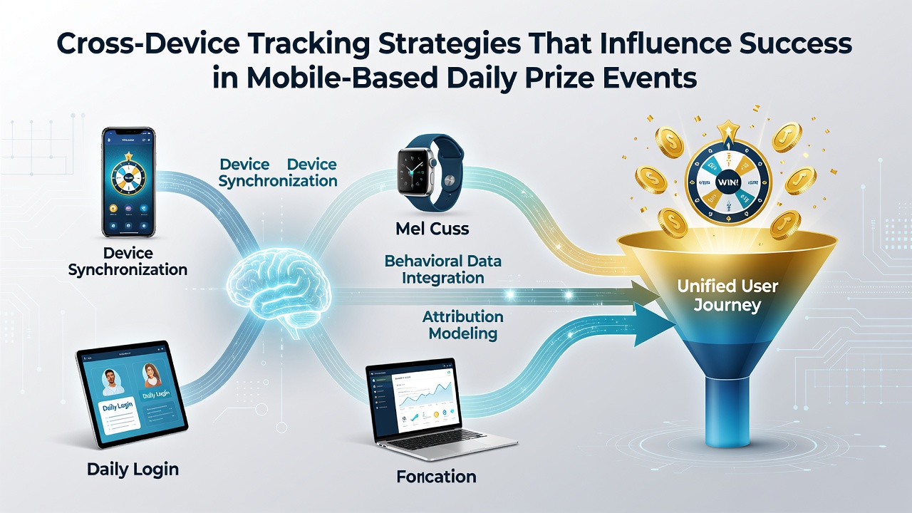 Diagram showing cross-device tracking flow between smartphones and tablets during daily prize entries
