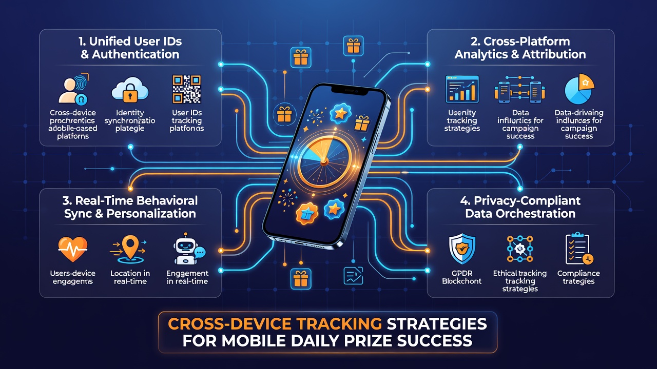 Mobile user managing prize entries across phone and tablet with tracking overlay