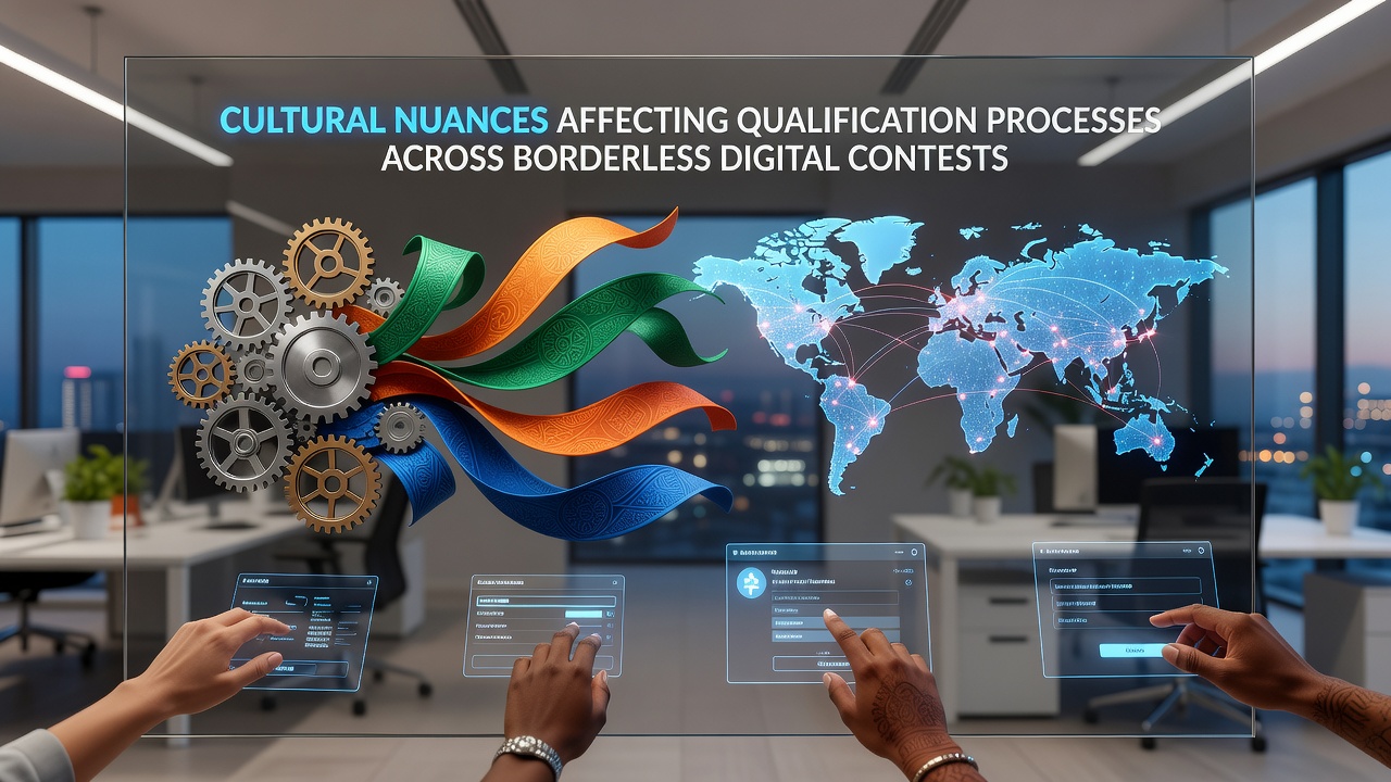Diverse participants from multiple cultures engaging with digital contest platforms on various devices