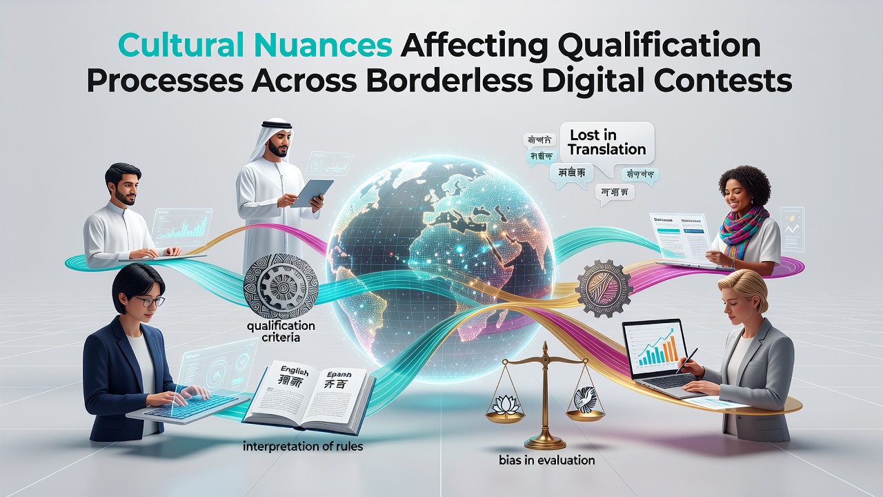 Global map highlighting cultural regions with overlay graphics showing contest qualification pathways