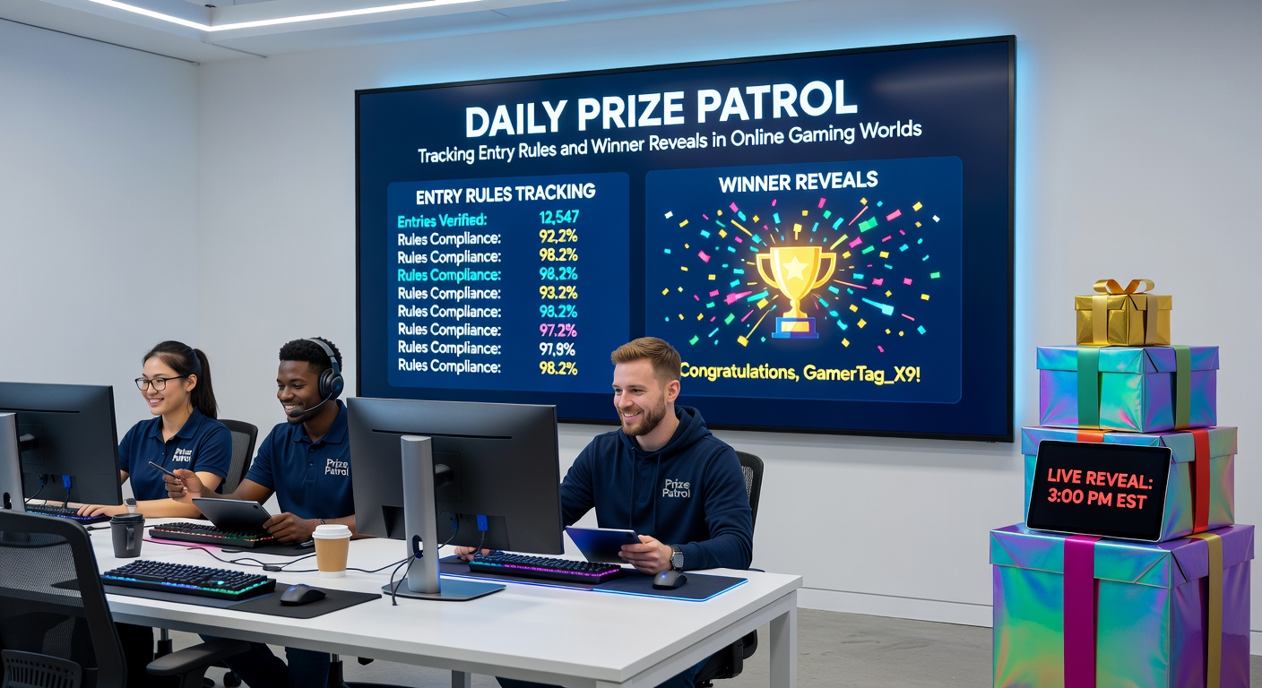Infographic displaying timelines for winner reveals in various online gaming prize patrols, with charts and clocks
