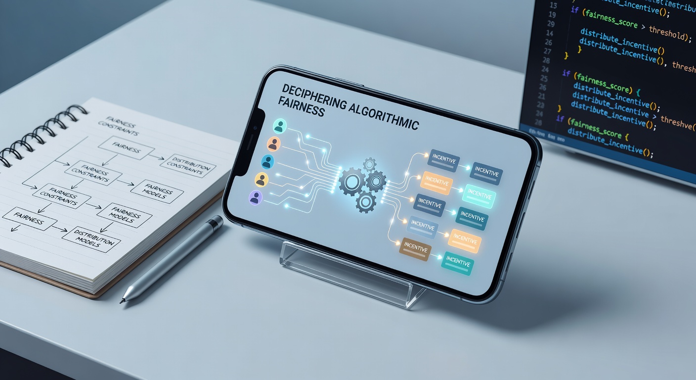 Illustration of mobile app interfaces displaying incentive distribution graphs and fairness metrics