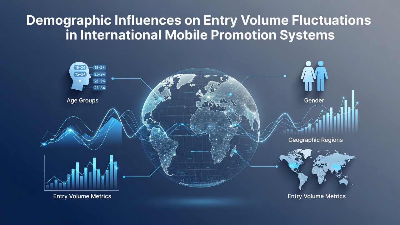 Global map showing demographic data points overlaid on mobile promotion entry patterns across continents