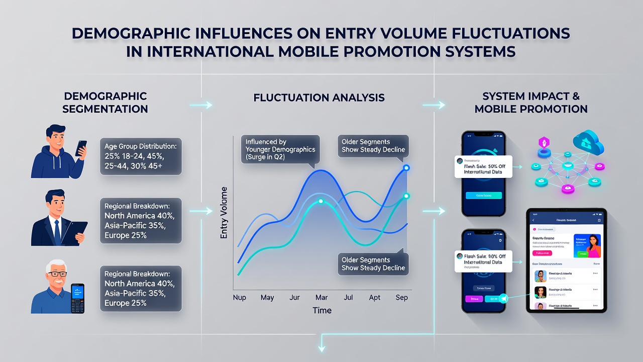 Infographic illustrating income and age demographics influencing mobile entry volumes in different countries
