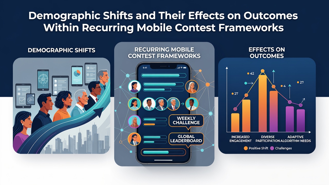 Demographic shifts visualized through population data charts overlaid on mobile contest interfaces