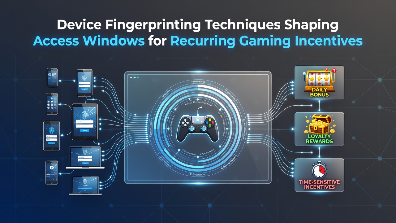 Illustration of device fingerprinting processes in online gaming environments showing data collection points and access timelines