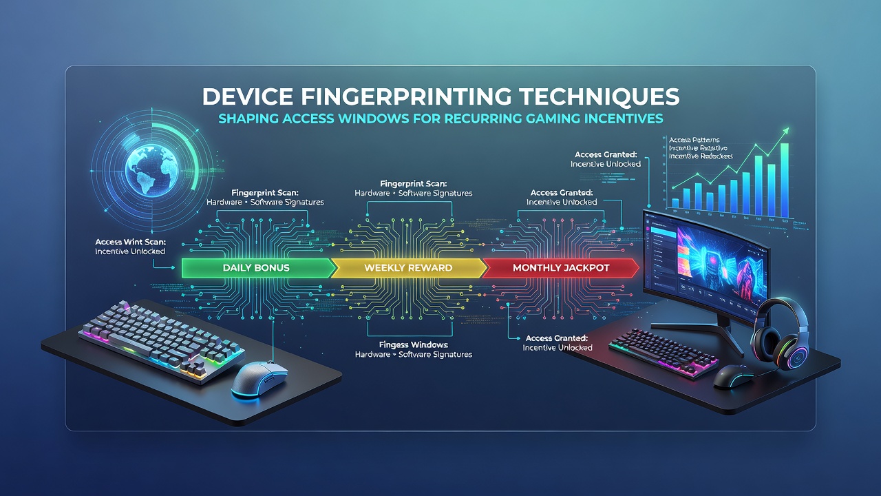 Diagram depicting how fingerprint data flows influence entry timing and qualification windows in gaming reward platforms