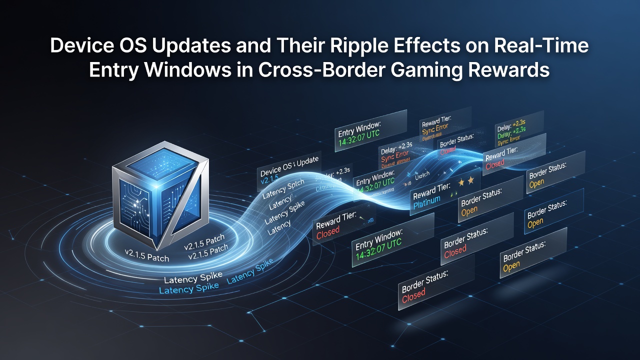 Illustration showing mobile devices receiving OS updates while connected to global gaming reward platforms across different time zones