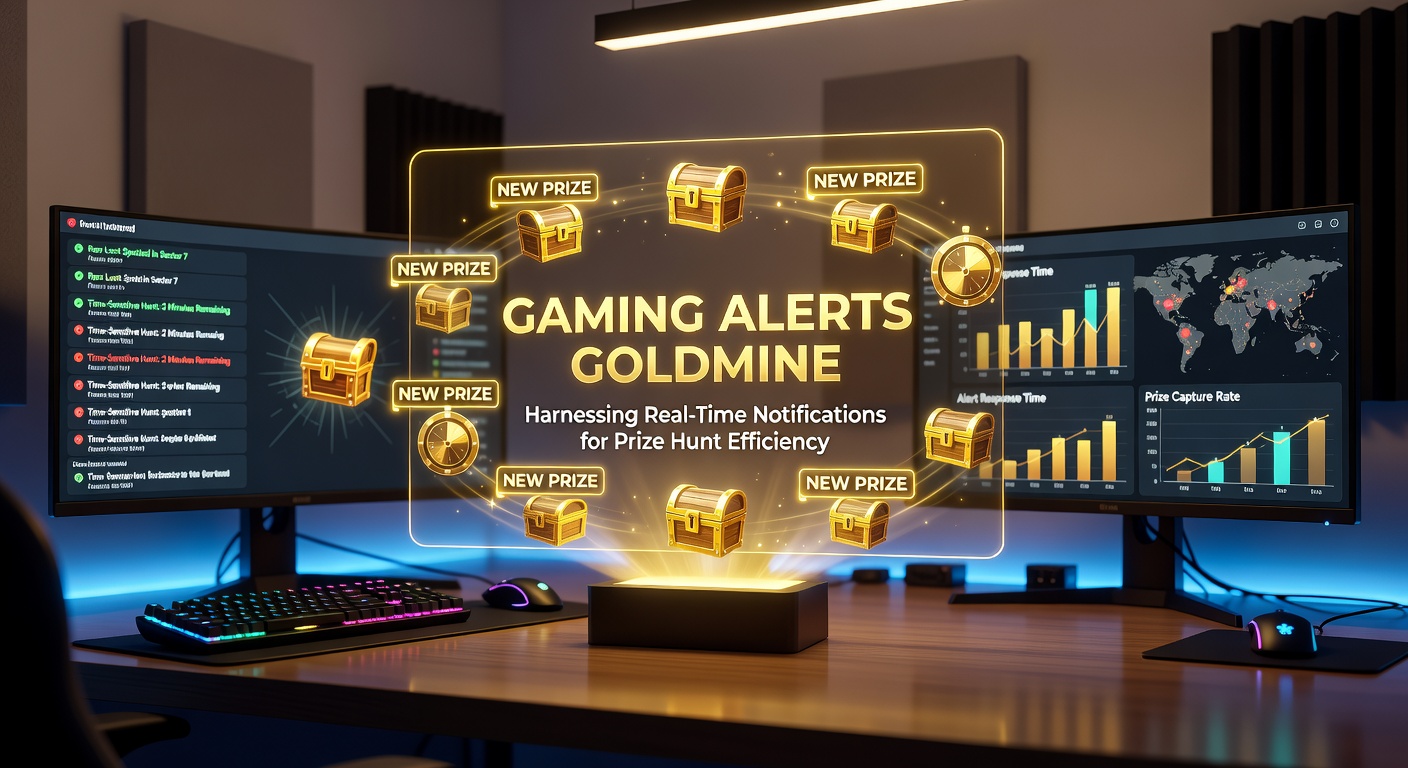 Dashboard view of a gaming alerts app showing categorized notifications for active sweepstakes prizes and entry stats