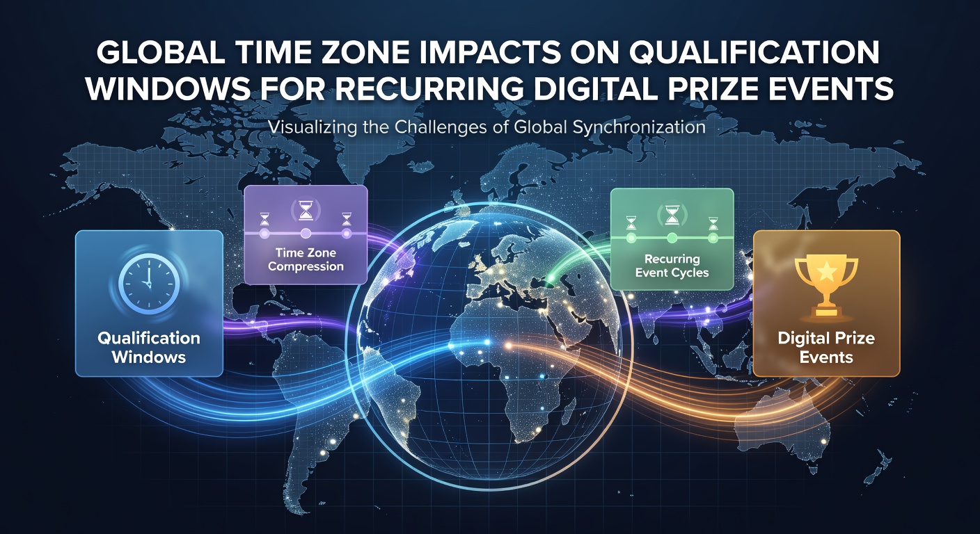 Global map displaying overlapping time zones and digital prize qualification schedules across continents