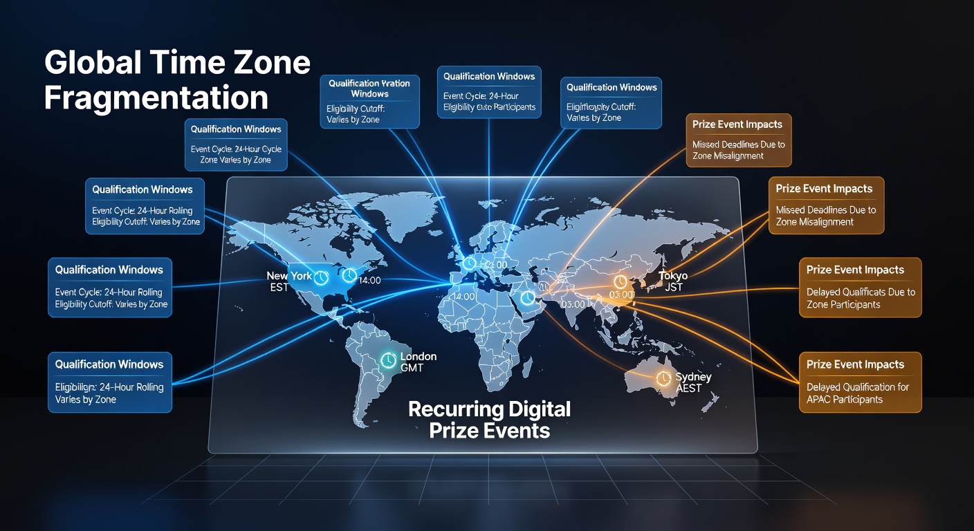 Illustration of synchronized digital clocks across different continents showing prize event deadlines