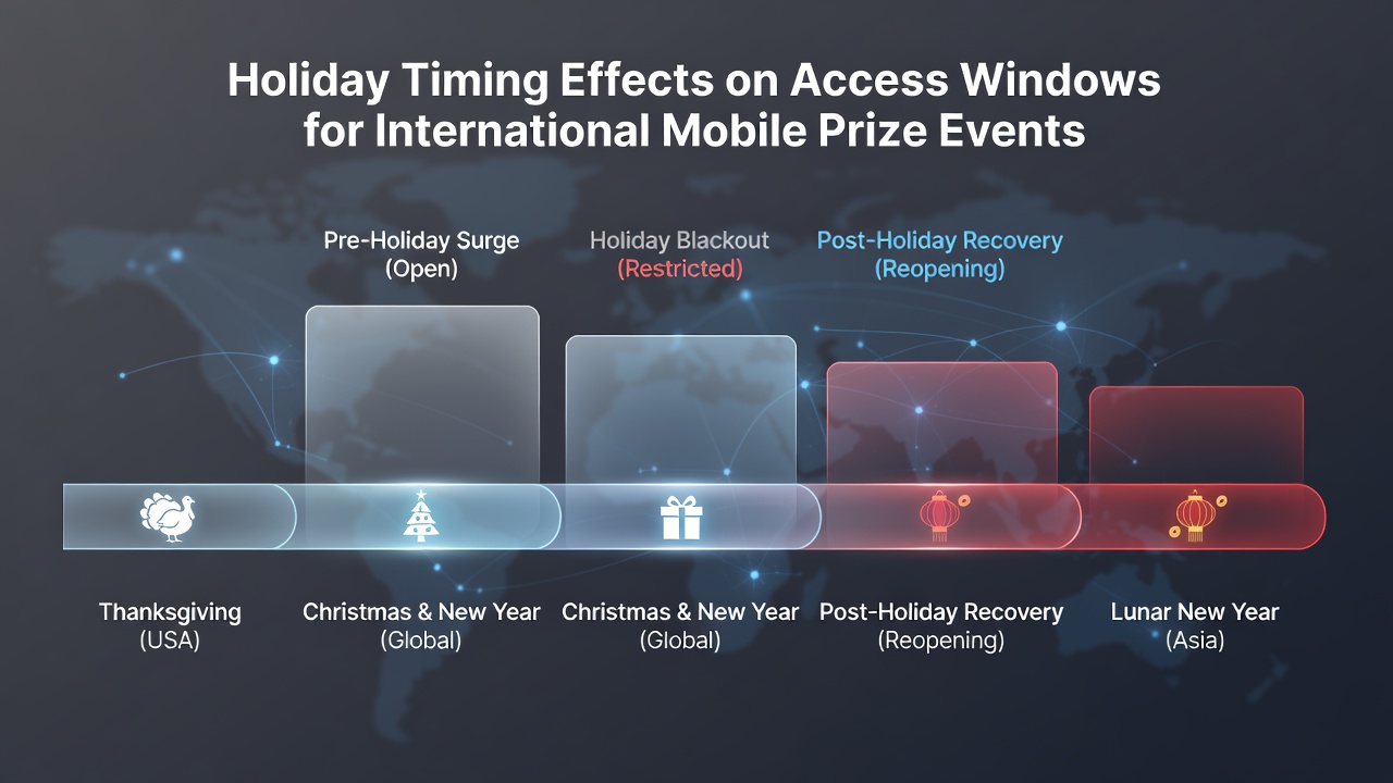 Global calendar overlay showing holiday dates intersecting with mobile prize event timelines across regions