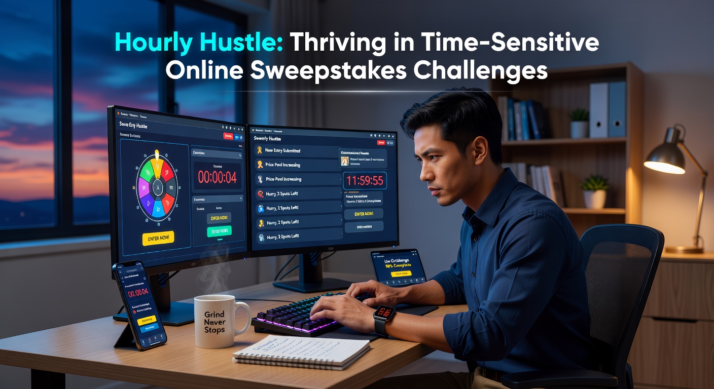 Clock ticking down on a digital sweepstakes entry screen, highlighting the urgency of hourly challenges