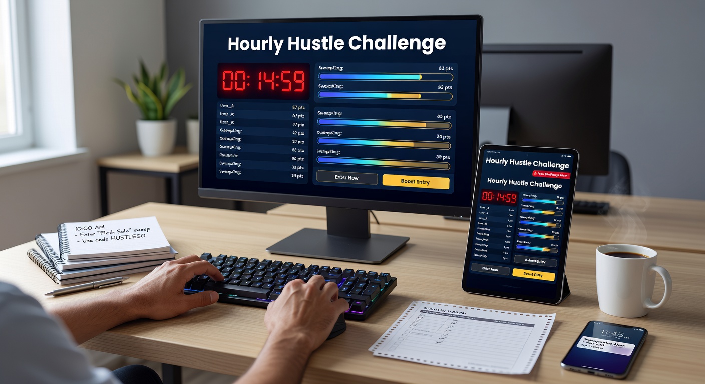 Calendar grid showing hourly sweepstakes slots filled with entry icons and prize icons, illustrating a strategic daily plan