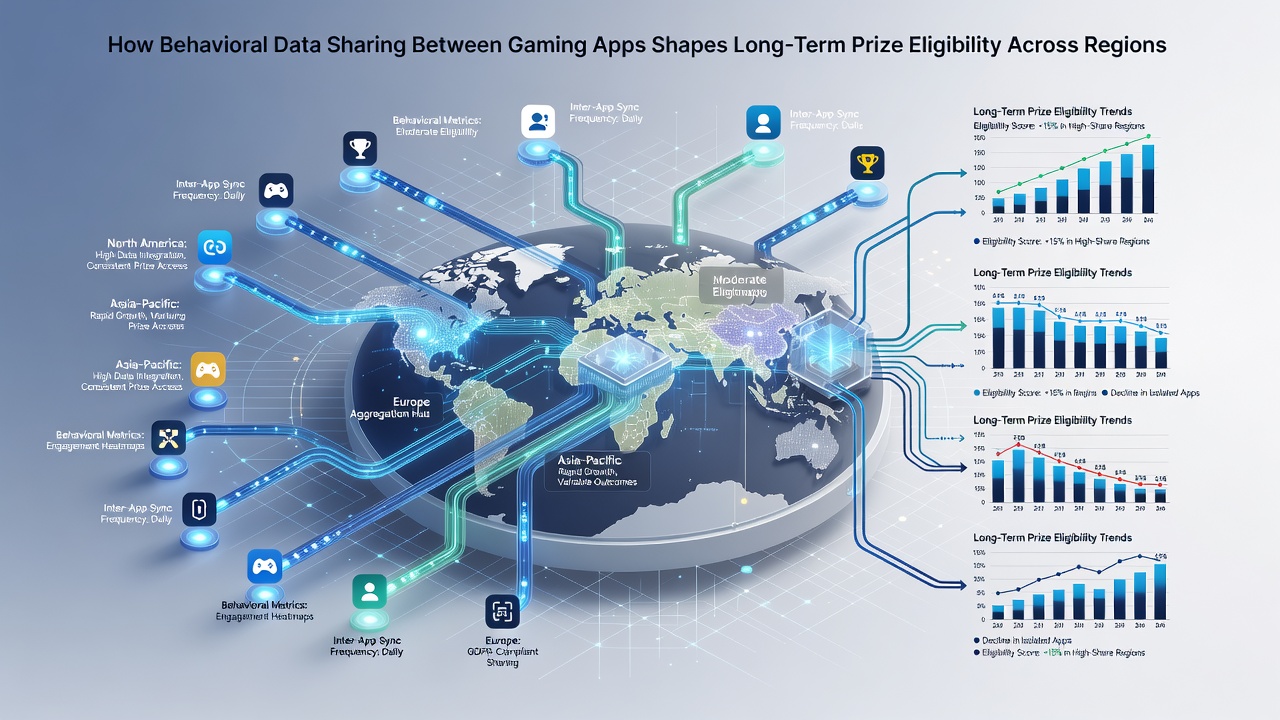 Map overlay showing data flow paths between gaming apps and their impact on prize qualification timelines in various global regions