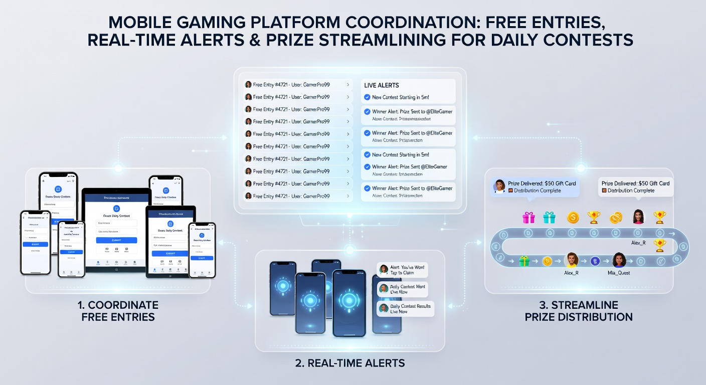 Mobile gaming interface showing real-time contest alerts and entry confirmations