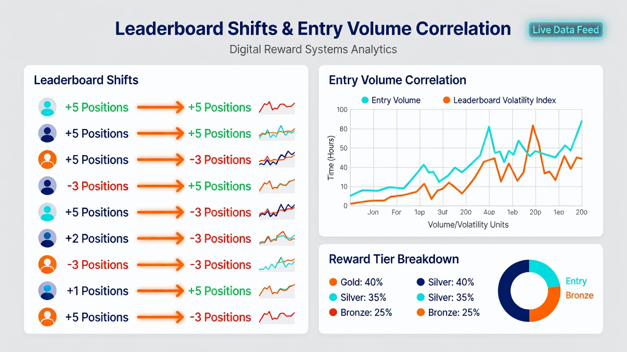 Dashboard screenshot illustrating entry volume spikes and corresponding leaderboard position adjustments