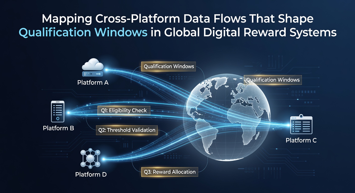 Diagram showing interconnected data streams across mobile apps, web platforms, and global servers in digital reward systems