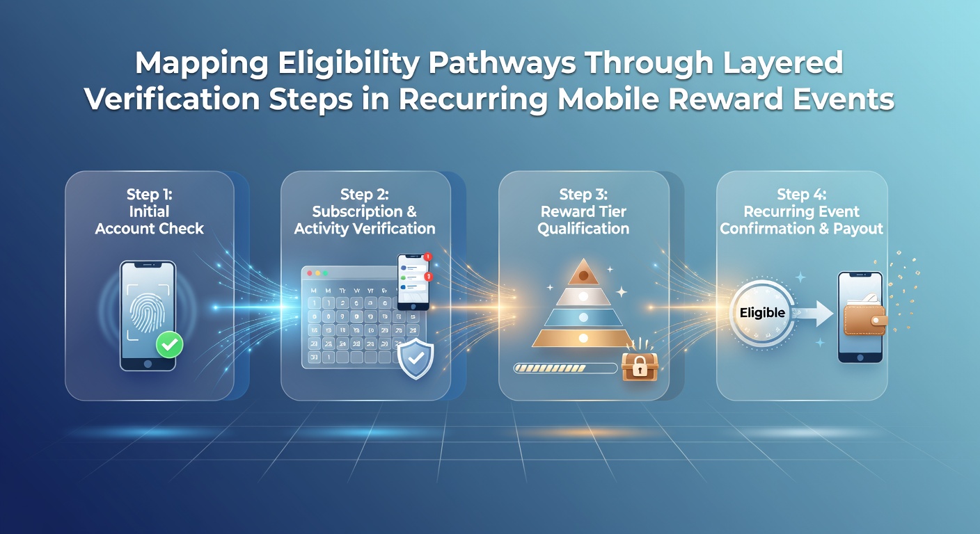 Diagram showing layered verification steps for mobile reward eligibility pathways with icons for identity checks, location confirmation, and activity tracking