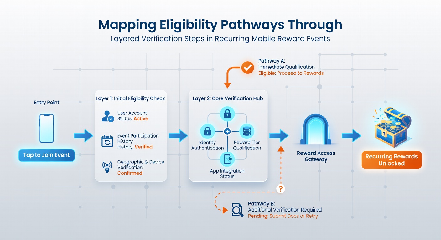 Flowchart illustrating eligibility pathway mapping with layered checks including device fingerprinting, activity logs, and final approval gates