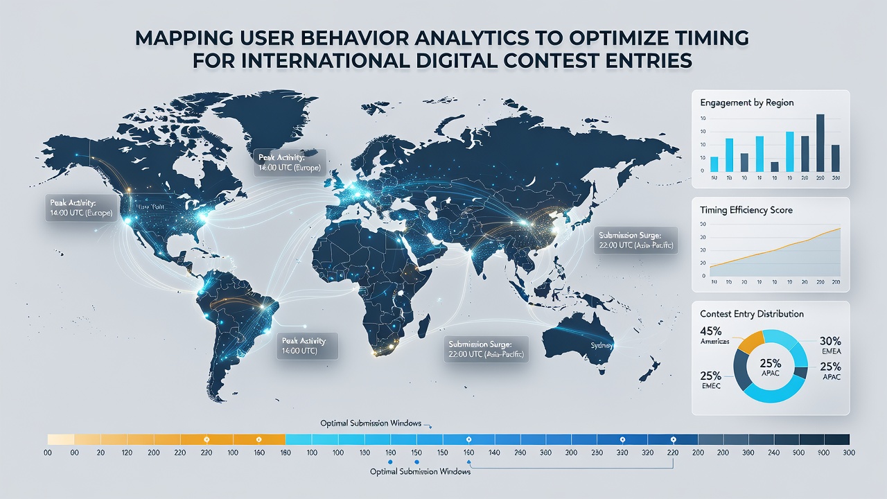 Global map overlay showing optimized contest entry timing zones derived from user analytics data