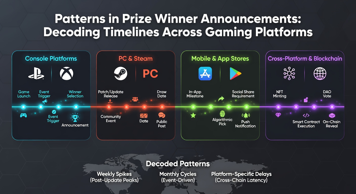Graph showing timelines of prize winner announcements across various gaming platforms, with bars representing days from draw to announcement