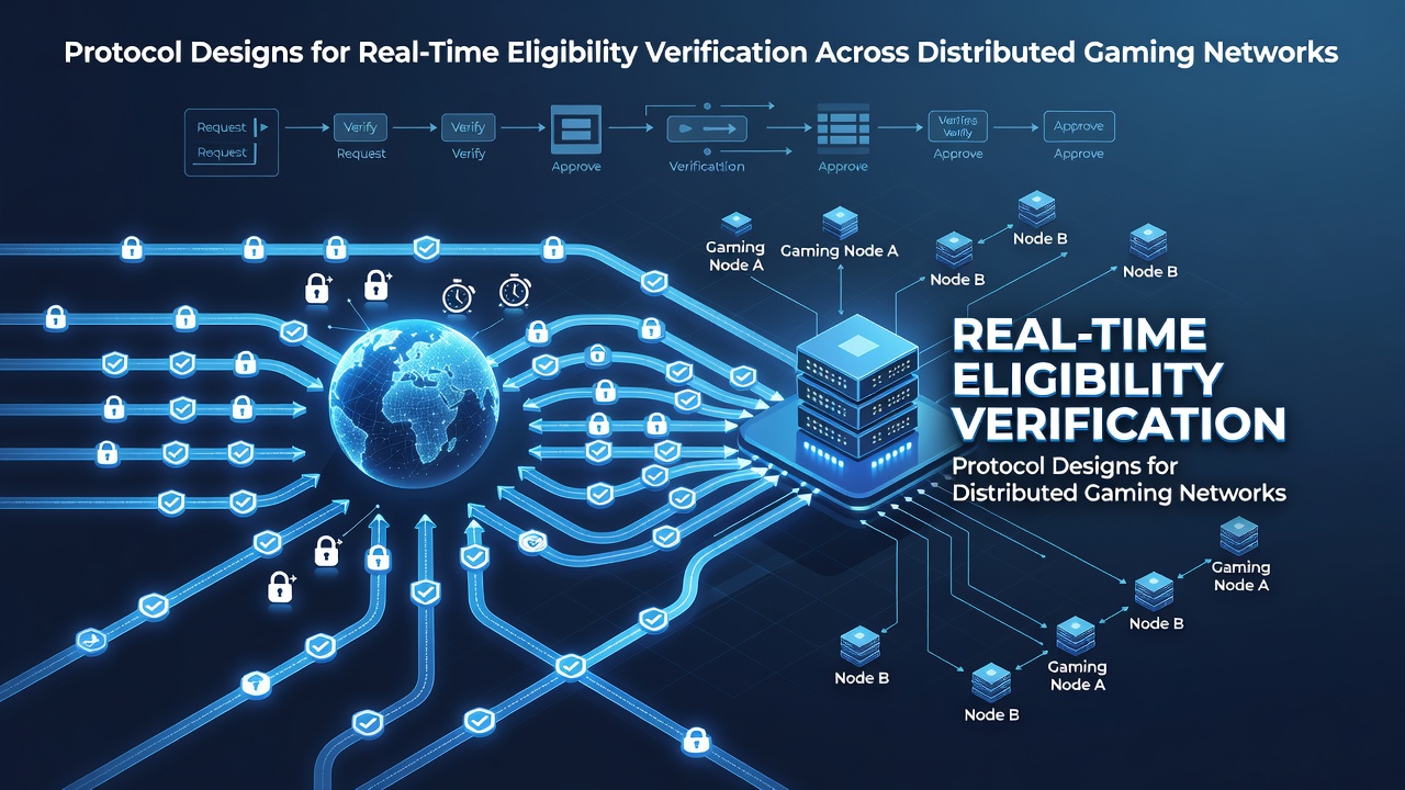 Diagram showing real-time eligibility verification protocols in a distributed gaming network with interconnected nodes and data flows