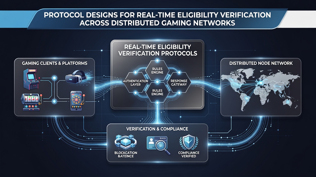 Illustration of secure data synchronization across gaming network nodes during eligibility verification processes