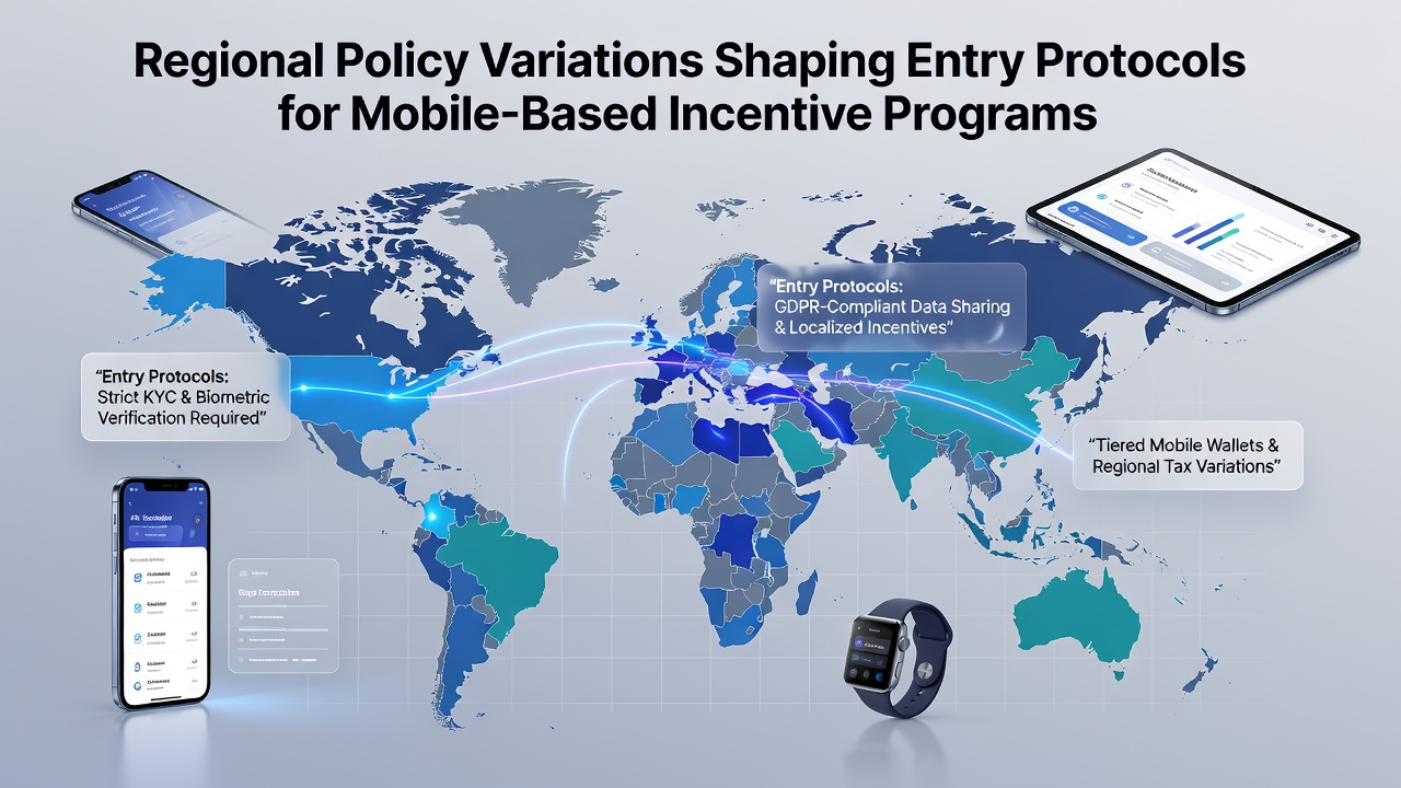 Mobile devices displaying incentive program interfaces across different regional policy frameworks