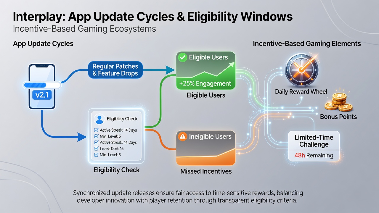 Flowchart illustrating how an app update triggers changes to active eligibility periods in gaming platforms