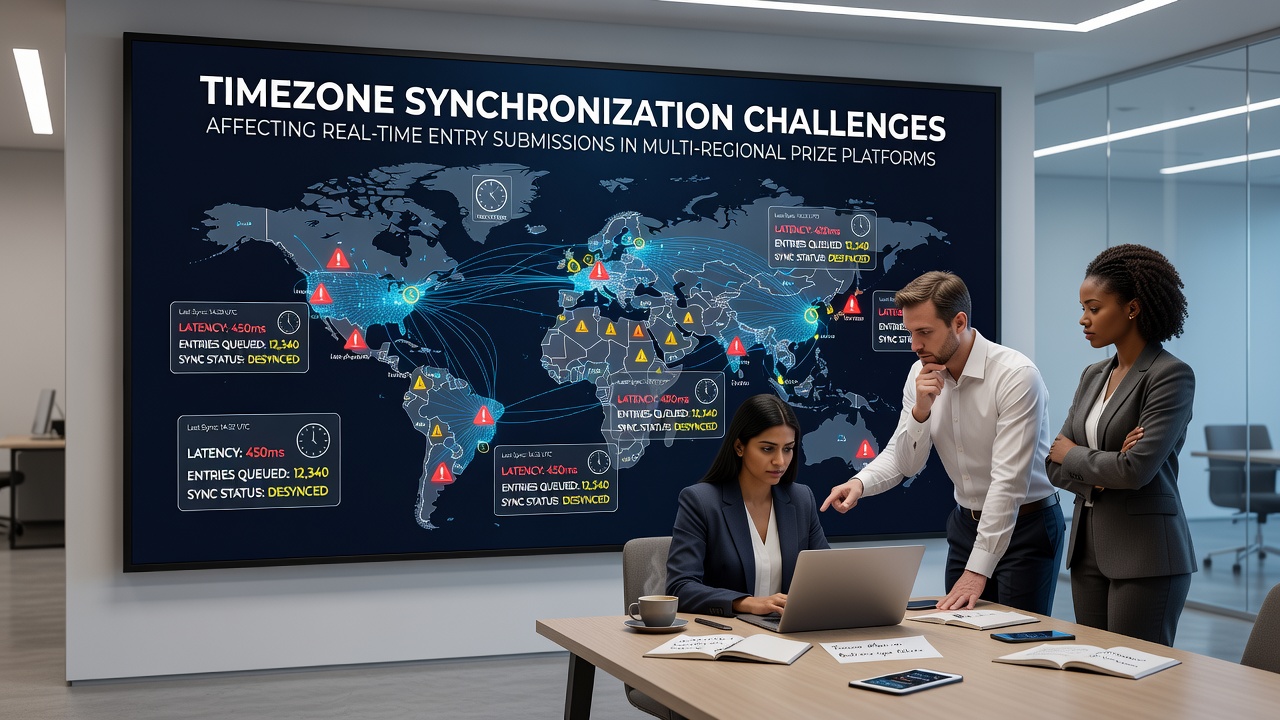 Diagram showing server clusters and time synchronization across continents for prize entries